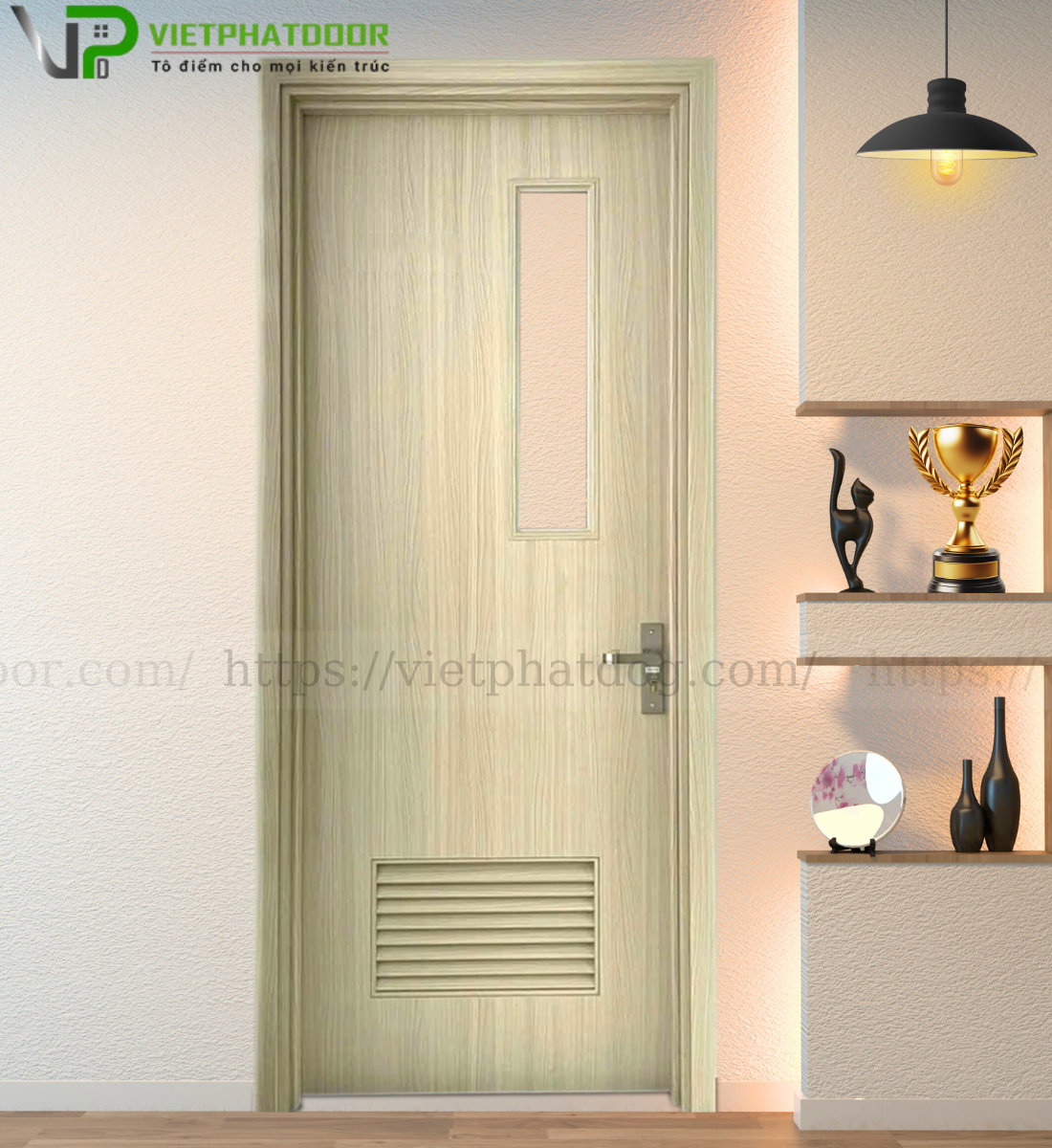 CỬA NHỰA GIẢ GỖ COMPOSITE VPB01- LÁ SÁCH Ô KÍNH TRONG