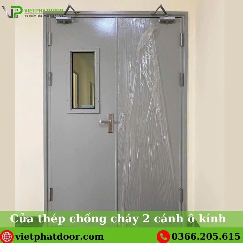 Cửa thép chống cháy 2 cánh ô kính  