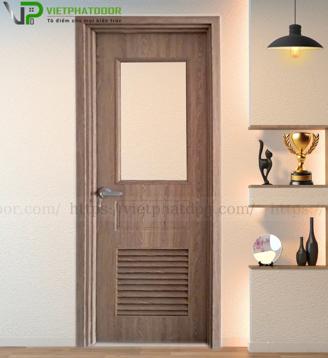 CỬA NHỰA GIẢ GỖ COMPOSITE E09- LÁ SÁCH HỞ Ô KÍNH